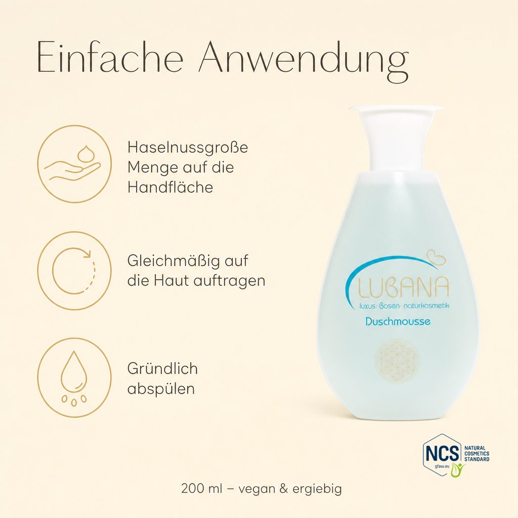 Anwendung der LUBANA Duschmousse – haselnussgroße Menge, gleichmäßig auftragen, abspülen
