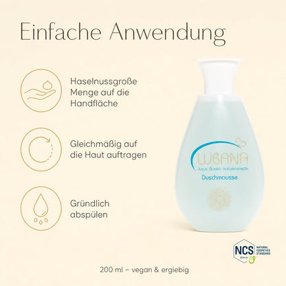 Anwendung der LUBANA Duschmousse – haselnussgroße Menge, gleichmäßig auftragen, abspülen