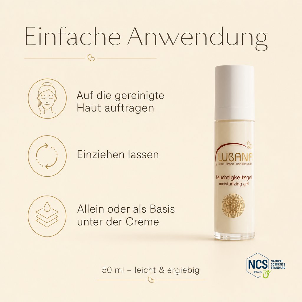 Anwendung des LUBANA Feuchtigkeitsgels – auf die gereinigte Haut