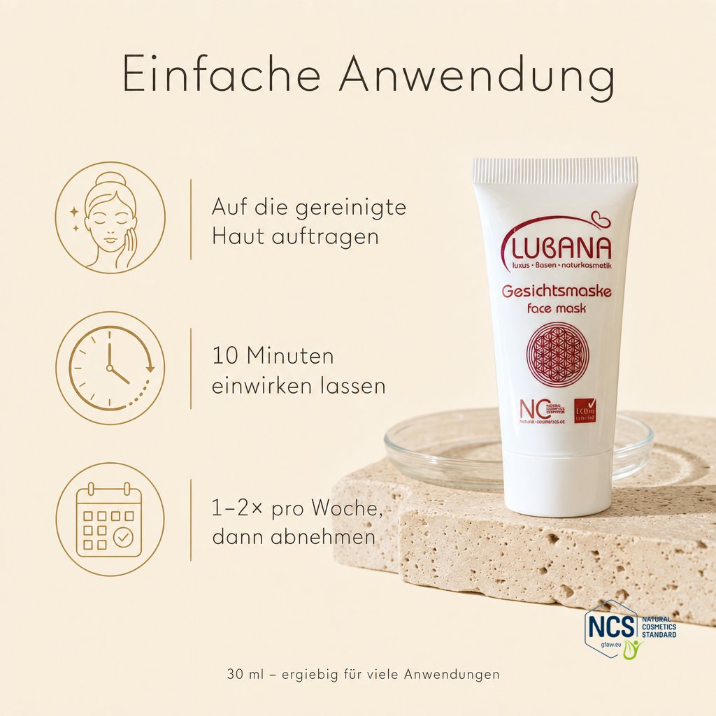 Anwendung der LUBANA Gesichtsmaske – auf die gereinigte Haut, 10 Minuten