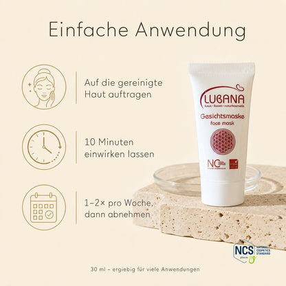 Anwendung der LUBANA Gesichtsmaske – auf die gereinigte Haut, 10 Minuten