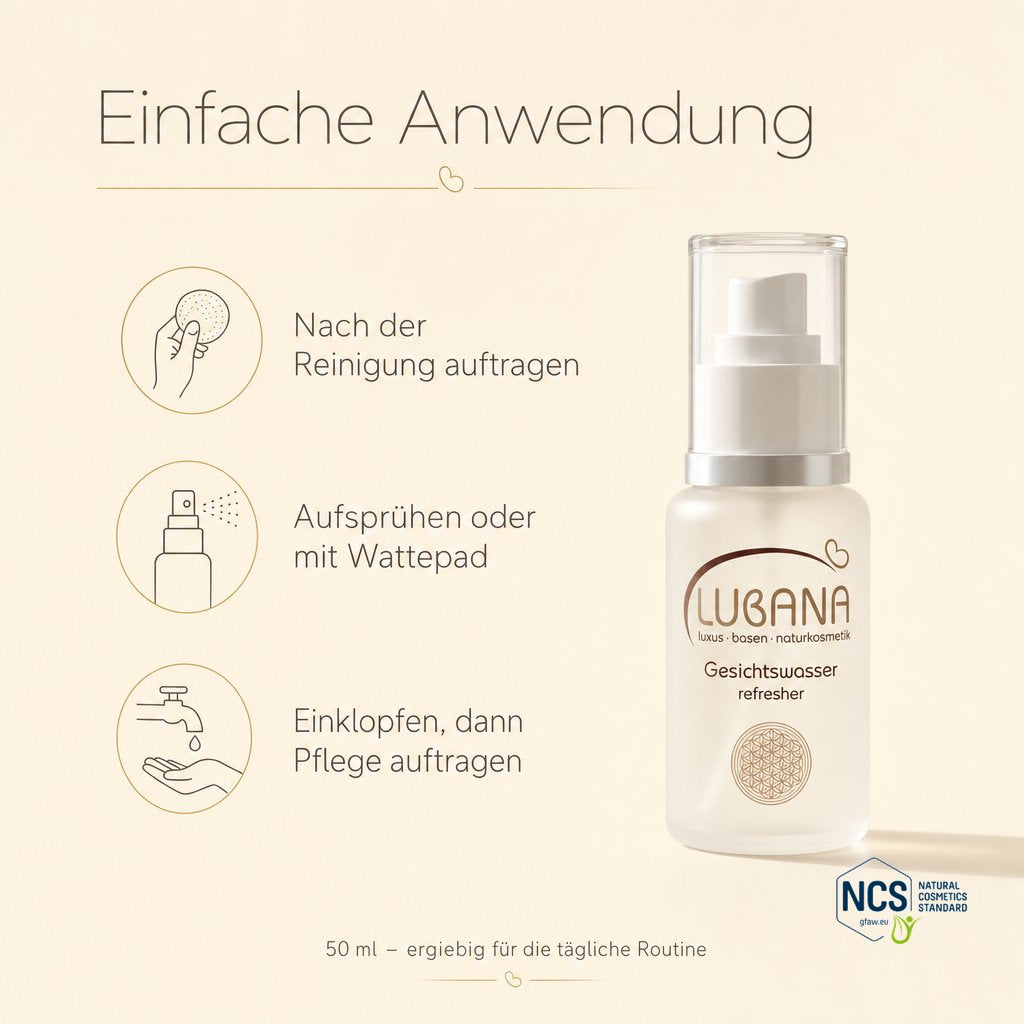 Anwendung des LUBANA Gesichtswassers – nach der Reinigung auftragen