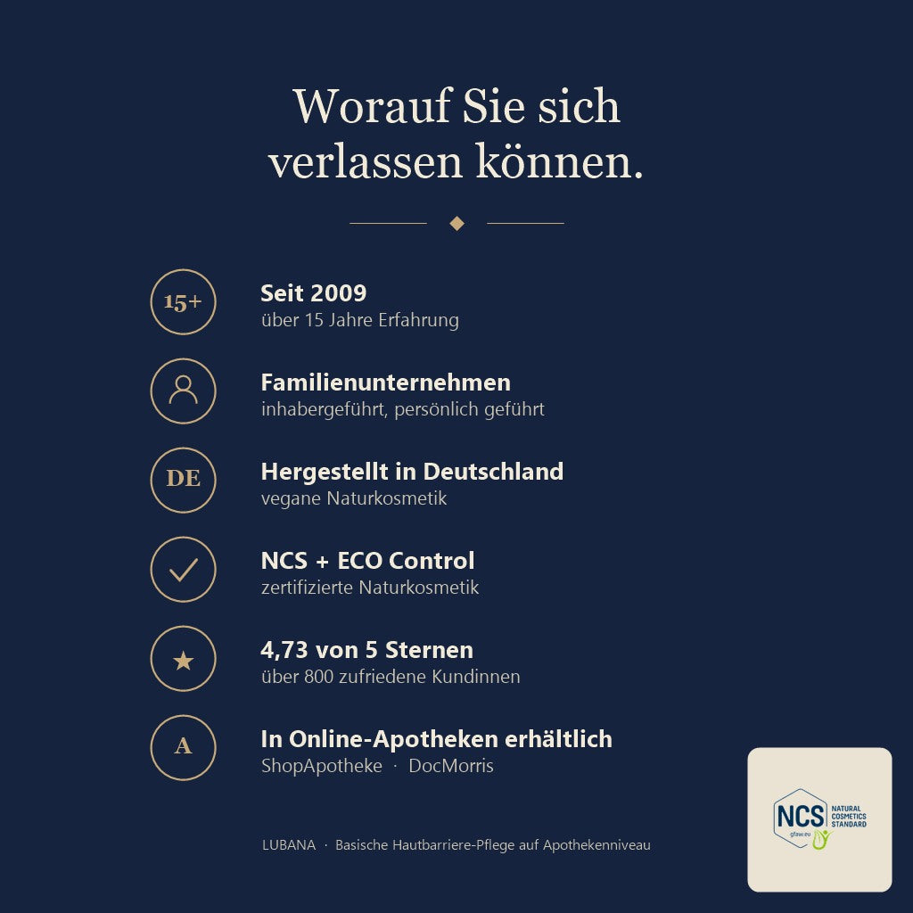 LUBANA Active System – seit 2009 inhabergeführtes Familienunternehmen, hergestellt in Deutschland, vegane Naturkosmetik, NCS + ECO Control zertifiziert, in Online-Apotheken erhältlich