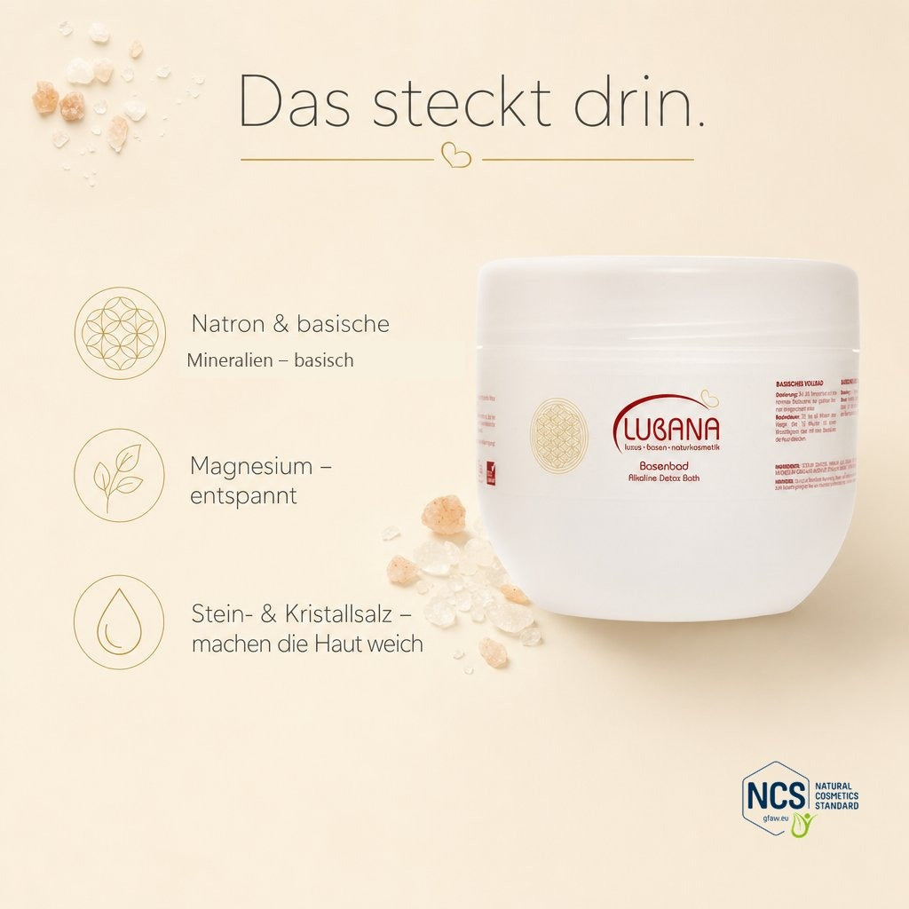 Das steckt drin: Natron und basische Mineralien, Magnesium, Stein- und Kristallsalz – LUBANA Basenbad
