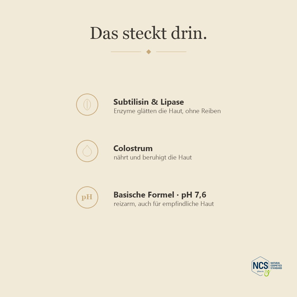 Das steckt drin: Subtilisin & Lipase, Colostrum, basisch pH 7,6 – LUBANA Enzympeeling