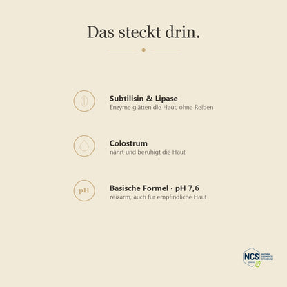 Das steckt drin: Subtilisin & Lipase, Colostrum, basisch pH 7,6 – LUBANA Enzympeeling
