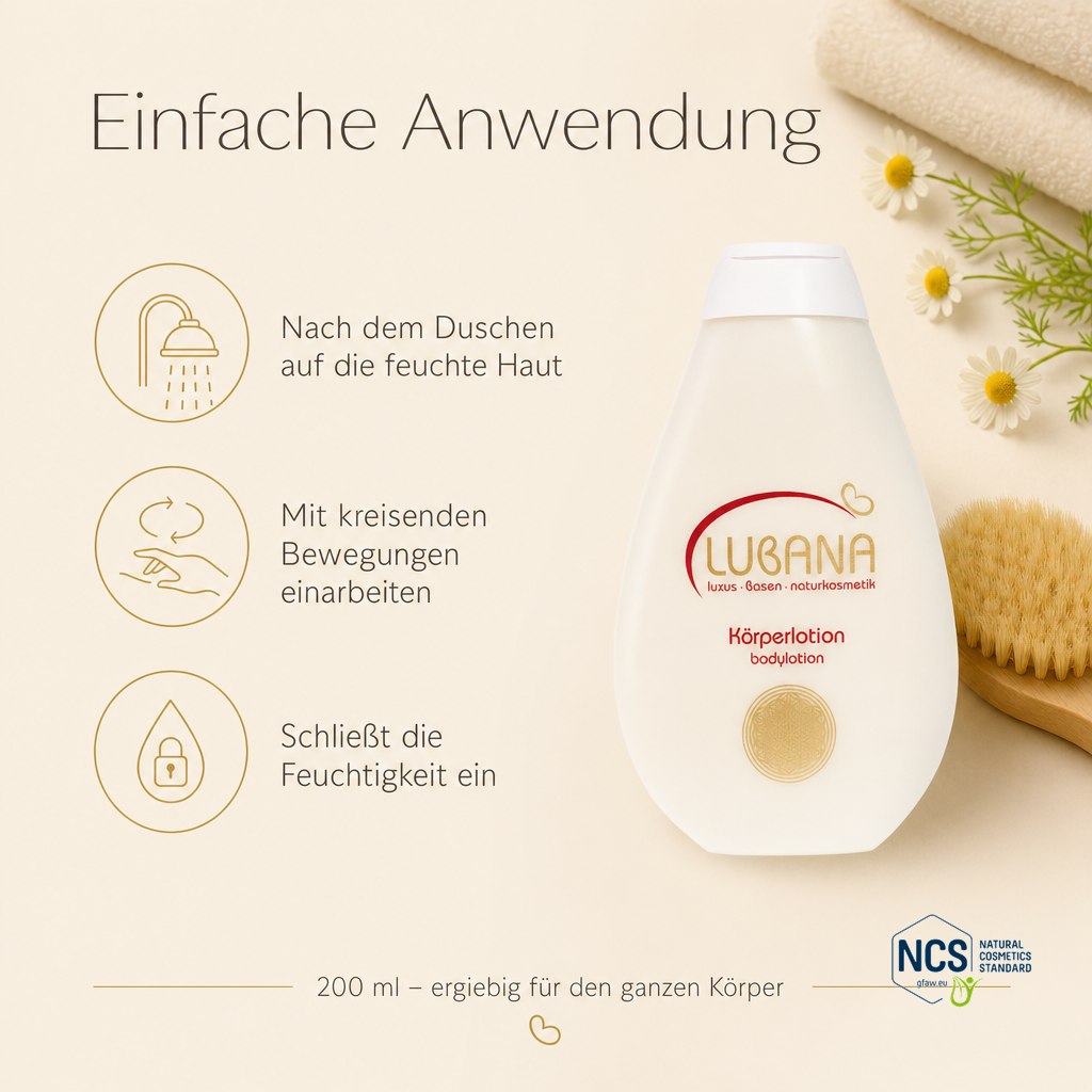 Anwendung der LUBANA Körperlotion – nach dem Duschen auftragen