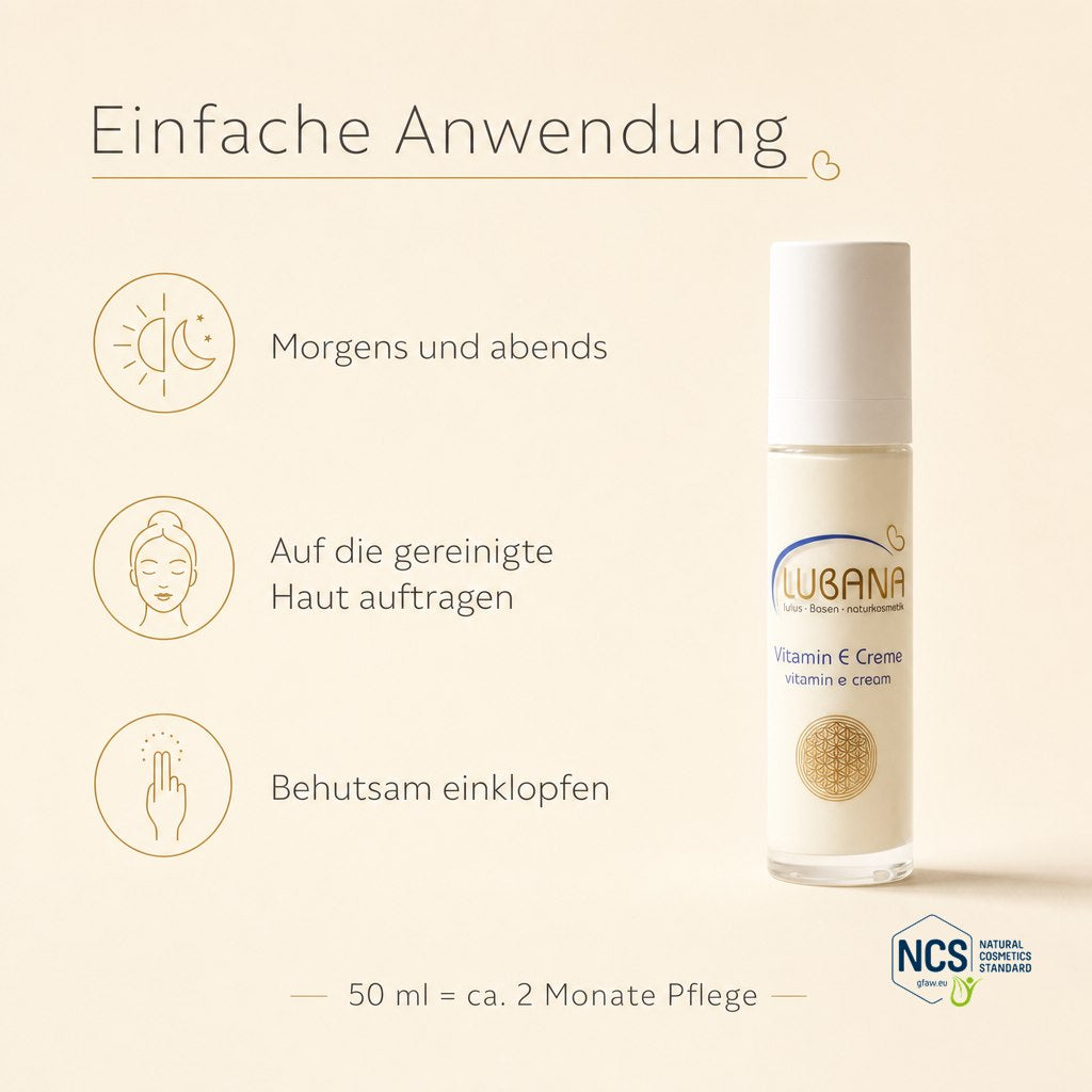 Anwendung der LUBANA Vitamin-E-Creme – morgens und abends einklopfen