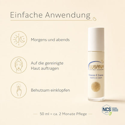 Anwendung der LUBANA Vitamin-E-Creme – morgens und abends einklopfen