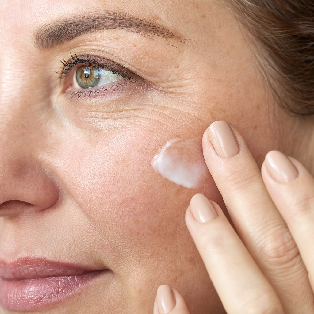 LUBANA Vitamin-E-Creme auf die Wange auftragen – für empfindliche Haut