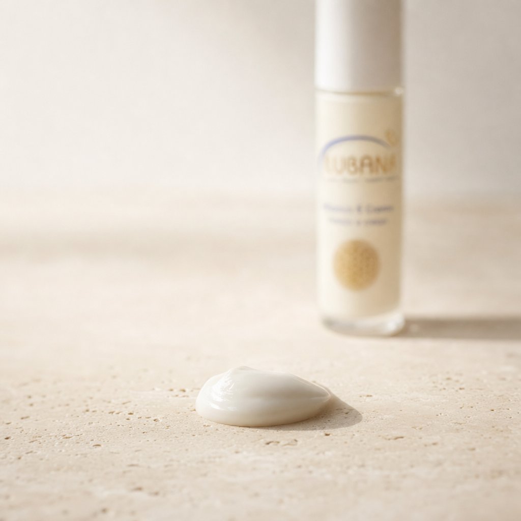 Cremige, glatte Textur der LUBANA Vitamin-E-Creme mit Flasche im Hintergrund