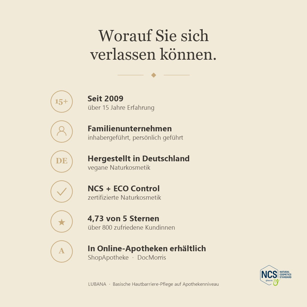 LUBANA – seit 2009 inhabergeführtes Familienunternehmen, hergestellt in Deutschland, vegane Naturkosmetik, NCS + ECO Control zertifiziert, in Online-Apotheken erhältlich